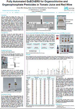 Scientific poster showing fully automated QuEChERS for organochlorine and organophospahte pesticides in tomato juice and red wine